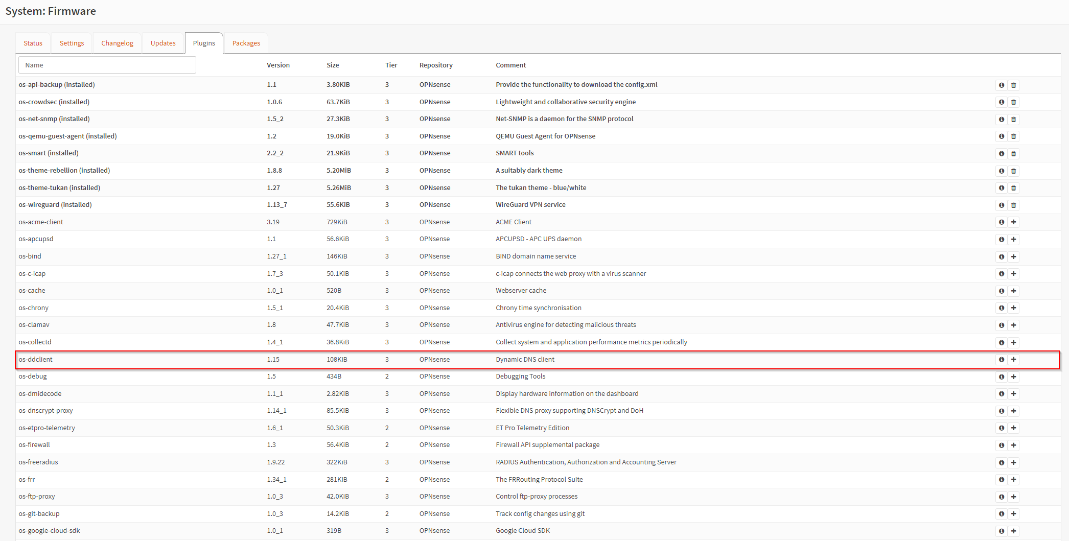 OPNsense Firmware Menu. Subitem Extensions DDNS plugin color coded