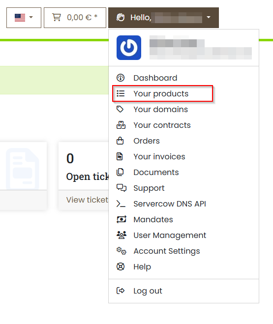 Dropdown "My Products" in the Servercow Customer Portal