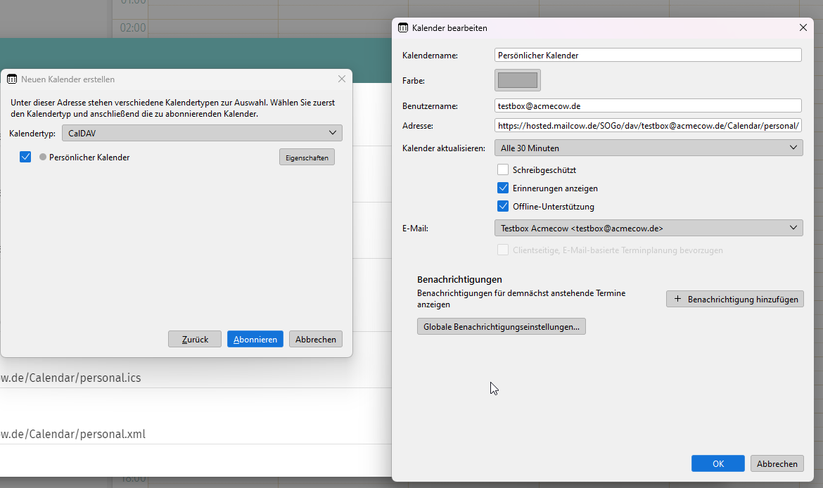 Thunderbird calendar setup assistant. Example data entered