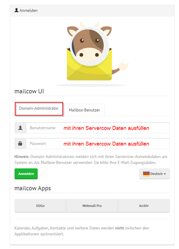 mailcow Groupware login page, highlighting the Domain Administrator tab. Next to the fields "Username" and "Password," it says "fill in with your Servercow credentials"
