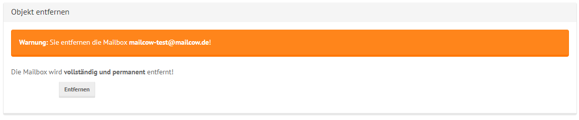 mailcow Groupware Mailbox Deletion Window with confirmation prompt