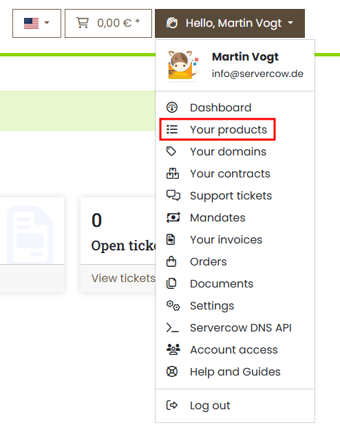 Servercow Customer Portal, dropdown menu, selection on "Your Products"